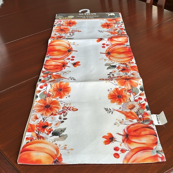 Artisan Harvest Table Runner, pumpkins, fall flowers on white background - Picture 1 of 8
